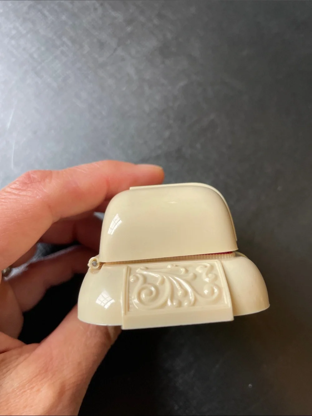 Vtg Dennison Art Deco Ring Box Celluloid Plastic Red Velvet Gold Scroll Accents
